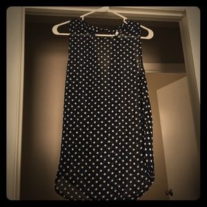 Sheer navy and white polka dot tank