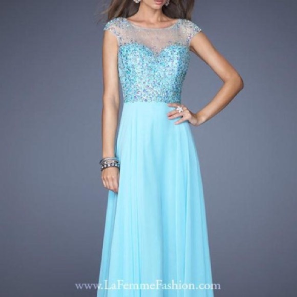 Size 8 blue high neck open back beaded long dress