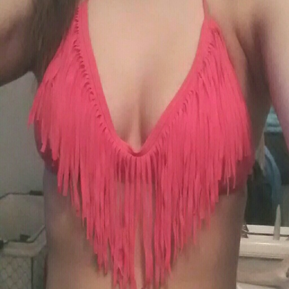 Bikini coral pink fringe top ruched bottoms