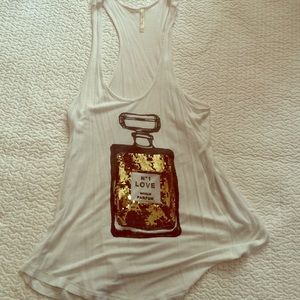 White tank top, gold sequins!