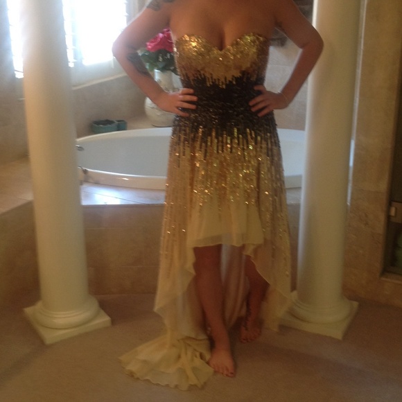 Hi/Low sequin prom dress gold and black, worn once