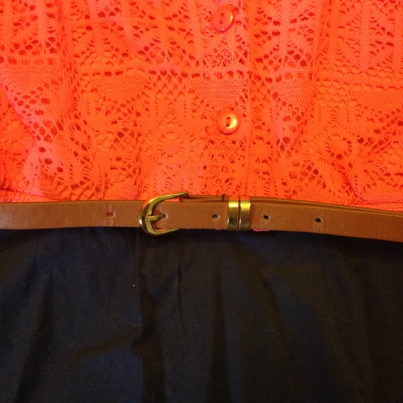 Coral/navy belted a-line lace dress - Picture 3 of 4