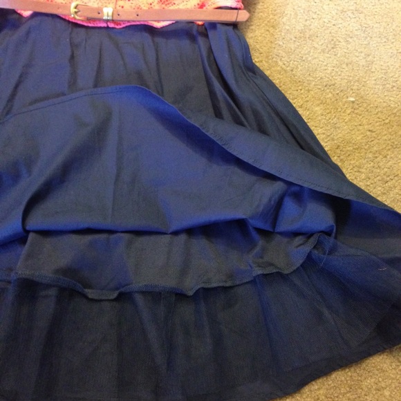 Coral/navy belted a-line lace dress - Picture 4 of 4