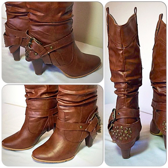Studded Brown Faux Leather Boot