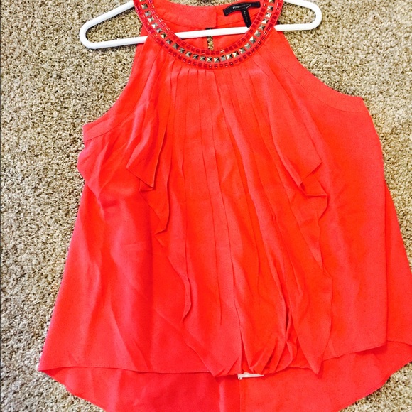 Bejeweled coral silk top