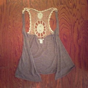 Grey sleeveless crochet cardigan