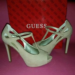 Guess nude micro suede T-strap pumps