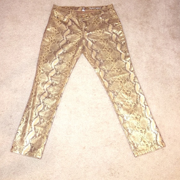 Metallic gold snakeskin skinny ankle jeans