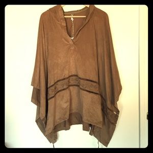 Brown suede poncho with hood and embroidery
