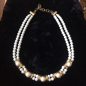 Vintage Double Strand White Bead & Gold Necklace