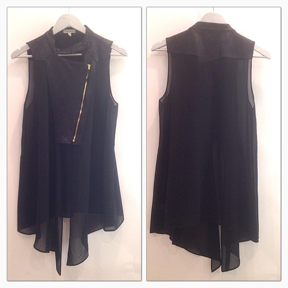 Black Sheer Vest Jacket with Faux Leather Trim - Picture 2 of 4