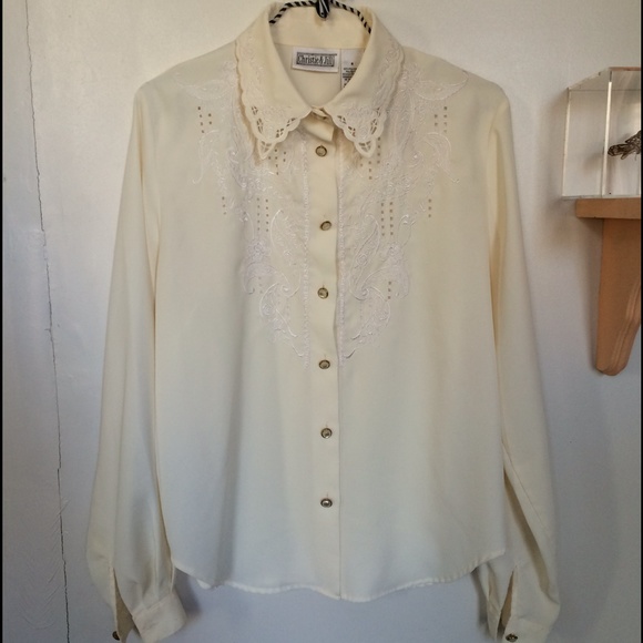 Vintage blouse lace collar shirt button - Picture 2 of 3