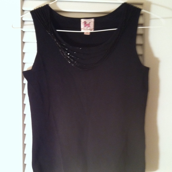 black dressy top with bugle bead necklace