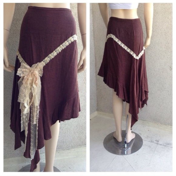Brown Linen Asymmetrical Skirt W/Cream Lace Detail - Picture 1 of 4
