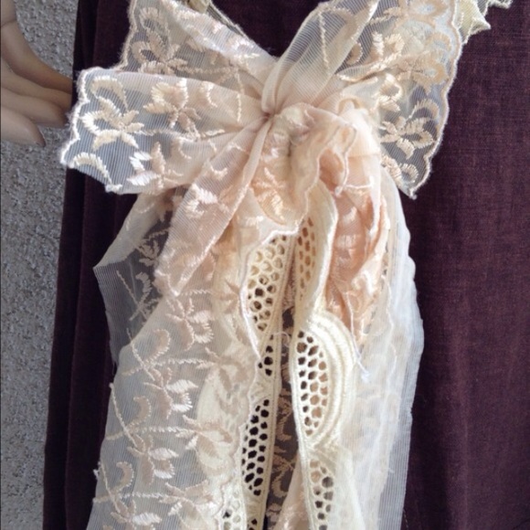 Brown Linen Asymmetrical Skirt W/Cream Lace Detail - Picture 2 of 4