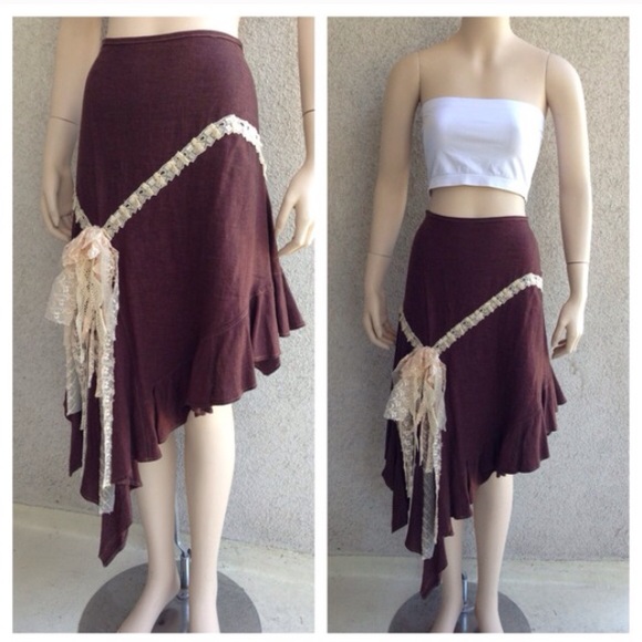 Brown Linen Asymmetrical Skirt W/Cream Lace Detail - Picture 3 of 4