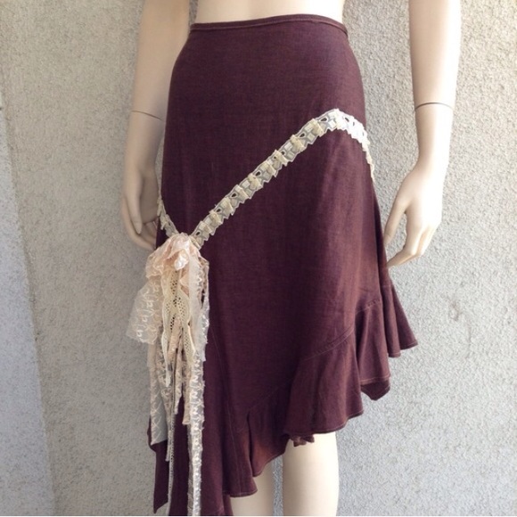 Brown Linen Asymmetrical Skirt W/Cream Lace Detail - Picture 4 of 4
