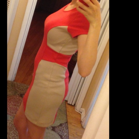 Orange and nude color block dress