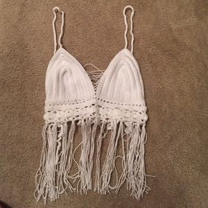 XS White Crotchet Crop Top with fringe.