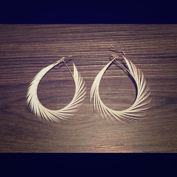Feather Hoop Earrings - White