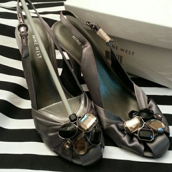 Nine West Paulanne Gray Satin Jeweled Sling Backs