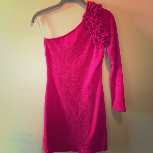 Pink One Sleeve Knit Dress with Ruffle Detail