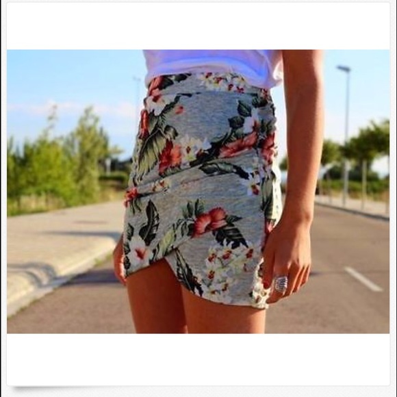 Zara Gray Floral Wrap Draped Bodycon Mini Skirt