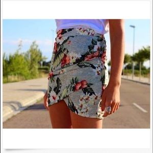 Zara Gray Floral Wrap Draped Bodycon Mini Skirt