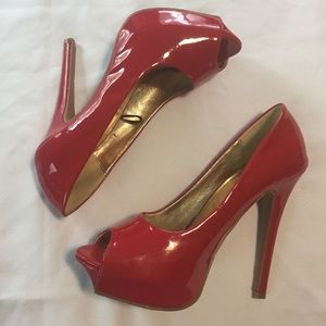 Red open toe high heel patent leather