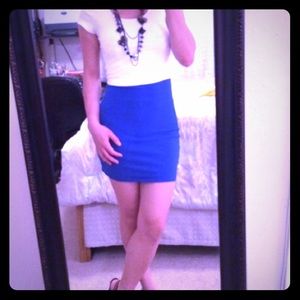 Blue Skirt. Floral pink top. White crop tee.