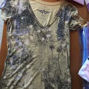 Affliction Yellow V Neck Cross T Shirt Large Tee