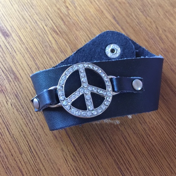 Vegan Leather Peace Sign Cuff Bracelet Black