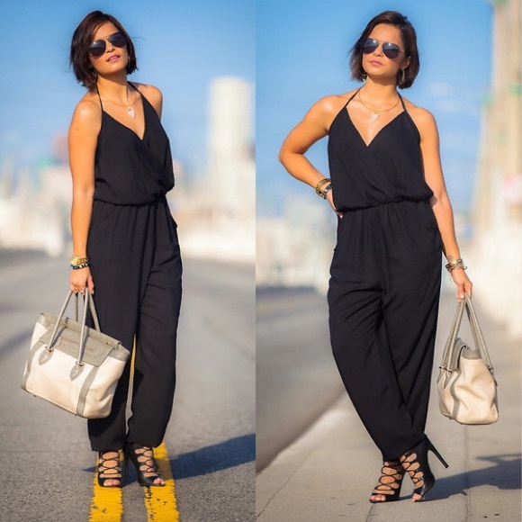 Black pants jumpsuit with halter and pockets