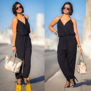 Black pants jumpsuit with halter and pockets