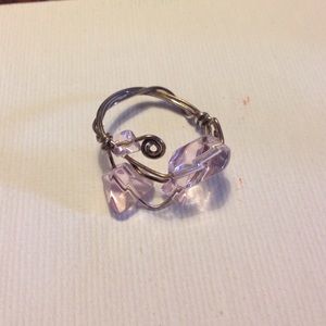Silver wire wrapped ring w/ translucent pink beads