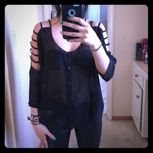 Caged shoulder black chiffon loose button up top