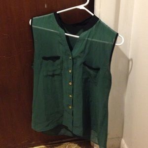 Green and Black Sleeveless Sheer button down