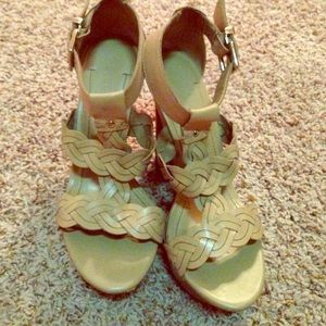 BCBG nude wedges with wooden wedge!