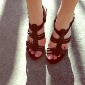 Brown sandals, black watch, vintage earrings
