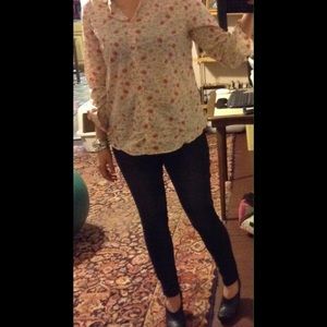 Cream Floral Button Up Down Tunic Oxford Blouse