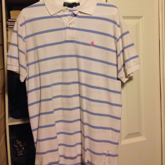 MENS collard polo, white with light blue stripes