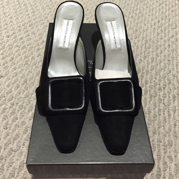 Black Suede Sakes Fifth Ave. Mules