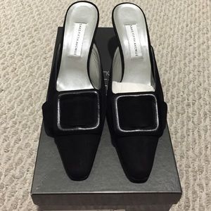 Black Suede Sakes Fifth Ave. Mules