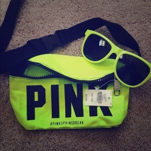 Pink nation fanny pack and sunglasses