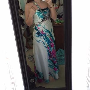 Floral print jeweled prom dress