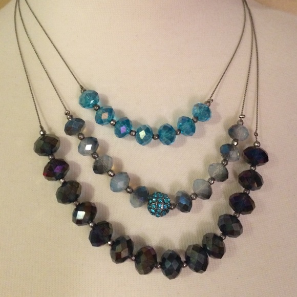 Denim and teal color beaded necklace and earrings - Picture 1 of 4