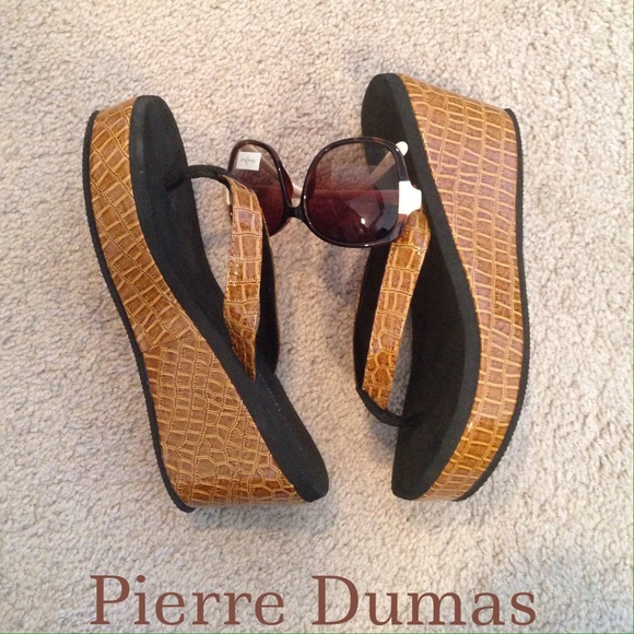 Pierre Dumas Shoes - Cognac Croc Print Wedge Thong Sandals