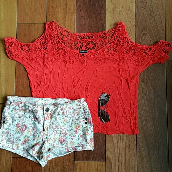 Express Tops - Express Orange Exposed Shoulder Lace Top