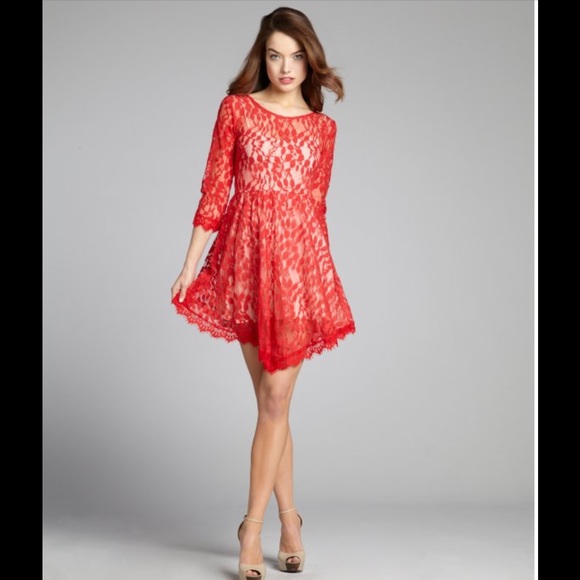 Free People floral mesh red lace dress