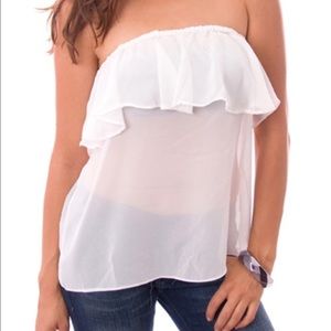 White strapless sheer ruffle top
